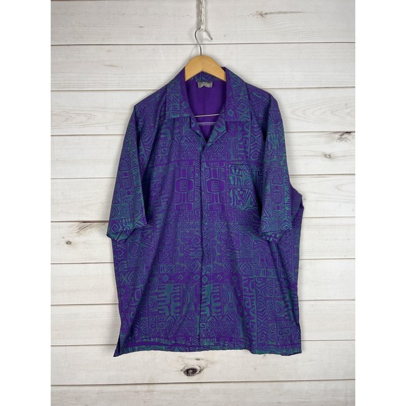 Goofy Gecko Shirt Mens Large Purple Green Tribal Print Hawaiian Fiji Cotton - Picture 1 of 7